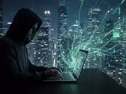 Eine Schattenfigur nutzt ein Laptop, aus dem leuchtende Datenlinien in eine digitale Stadtlandschaft ragen, was verstecktes Tracking symbolisiert. - Foto: über boerse-global.de