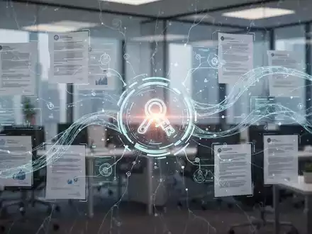 Stilisierte digitale Dokumente und Datenströme mit KI-Mustern, die Zustimmung und Workflow-Management im Unternehmensumfeld darstellen. - Foto: über boerse-global.de
