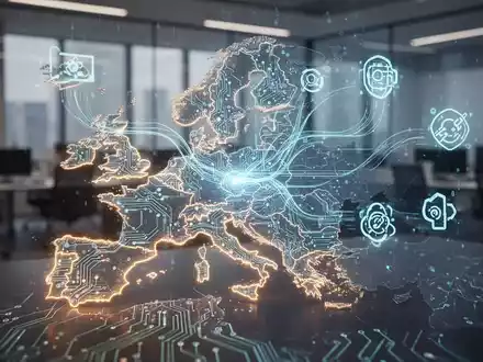 Leuchtende, Europa-förmige Platine mit digitalen Datenströmen zu Open-Source-Icons, im Büro. - Foto: über boerse-global.de