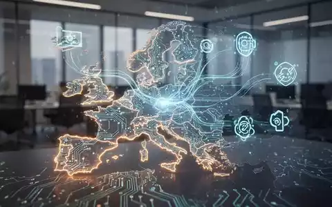 Leuchtende, Europa-förmige Platine mit digitalen Datenströmen zu Open-Source-Icons, im Büro. - Foto: über boerse-global.de