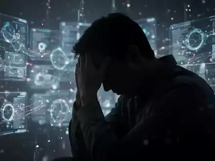 Eine Silhouette einer Person, die den Kopf in den HĂ€nden hĂ€lt, vor einem unscharfen Hintergrund aus digitalen Schnittstellen. - Foto: ĂŒber boerse-global.de