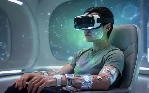 Eine Person mit VR-Headset und Biosensoren am Handgelenk in einer ruhigen, futuristischen Umgebung, die immersive Therapie darstellt. - Foto: über boerse-global.de