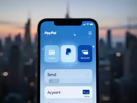 Smartphone-Bildschirm mit neuer PayPal-App und den Tabs 'Home', 'Senden' und 'Konto', vor unscharfem Stadt-Hintergrund. - Foto: über boerse-global.de