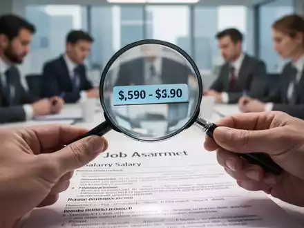 Eine Hand hält eine Lupe über eine Stellenanzeige, die Gehaltsinformationen zeigt, mit unscharfen Büroangestellten im Hintergrund. - Foto: über boerse-global.de