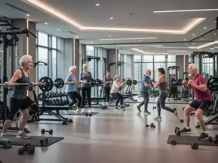 Ein modernes Fitnessstudio mit Mitgliedern unterschiedlichen Alters, die an Geräten trainieren, darunter auch Senioren beim Krafttraining. - Foto: über boerse-global.de