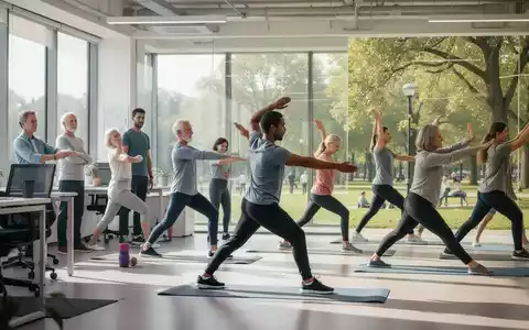 Menschen unterschiedlichen Alters nehmen an leichten körperlichen Aktivitäten in einem Büro und Park teil, um Bewegungsmangel vorzubeugen. - Foto: über boerse-global.de