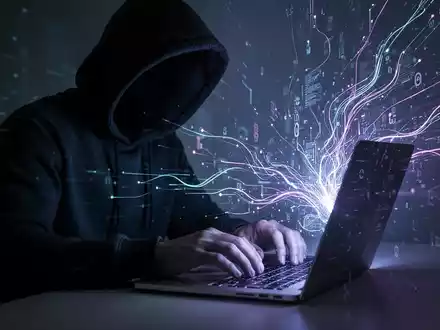 Eine schattenhafte Gestalt in einem dunklen Kapuzenpullover tippt auf einem Laptop, umgeben von leuchtenden digitalen Linien und Datenströmen. - Foto: über boerse-global.de
