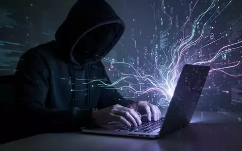 Eine schattenhafte Gestalt in einem dunklen Kapuzenpullover tippt auf einem Laptop, umgeben von leuchtenden digitalen Linien und Datenströmen. - Foto: über boerse-global.de