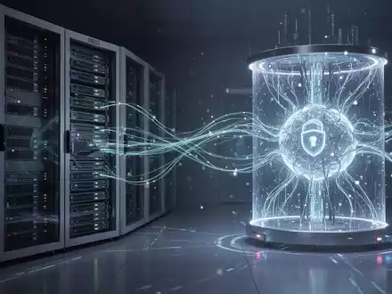 Abstrakte Darstellung von Datenfluss zwischen einem Server-Rack und einem leuchtenden Quantencomputer, symbolisierend Post-Quanten-Kryptografie. - Foto: über boerse-global.de