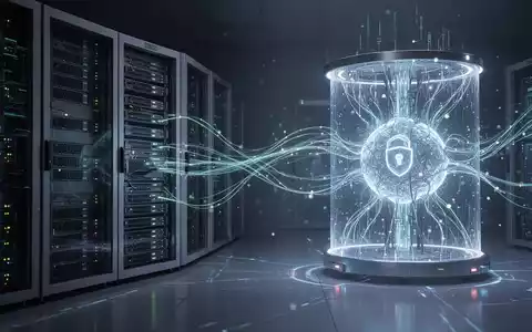 Abstrakte Darstellung von Datenfluss zwischen einem Server-Rack und einem leuchtenden Quantencomputer, symbolisierend Post-Quanten-Kryptografie. - Foto: ĂŒber boerse-global.de