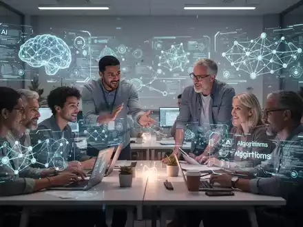 Erwachsene lernen in einem modernen Klassenzimmer mit holografischen KI-Projektionen und digitalen Schnittstellen. - Foto: über boerse-global.de