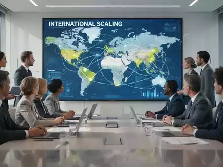 Geschäftsleute in einem modernen Konferenzraum betrachten eine Weltkarte auf einem digitalen Display, die globale Expansion und Wachstum symbolisiert. - Foto: über boerse-global.de
