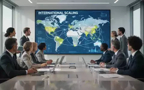 Geschäftsleute in einem modernen Konferenzraum betrachten eine Weltkarte auf einem digitalen Display, die globale Expansion und Wachstum symbolisiert. - Foto: über boerse-global.de