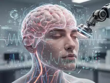 Nahaufnahme eines menschlichen Kopfes mit subtil leuchtenden neuronalen Pfaden und einer digitalen Gehirnkarte. Ein Roboterarm mit einer TMS-Spule positioniert sich präzise. - Foto: über boerse-global.de