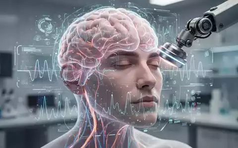 Nahaufnahme eines menschlichen Kopfes mit subtil leuchtenden neuronalen Pfaden und einer digitalen Gehirnkarte. Ein Roboterarm mit einer TMS-Spule positioniert sich präzise. - Foto: über boerse-global.de