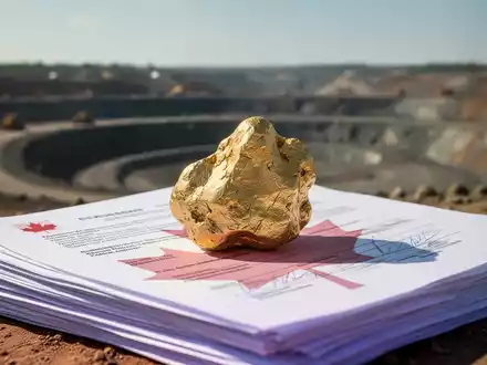 Ein goldener Nugget auf einem Stapel Dokumente mit einem verschwommenen Tagebau im Hintergrund, der Bundesgenehmigung für Springpole symbolisiert. - Foto: über boerse-global.de