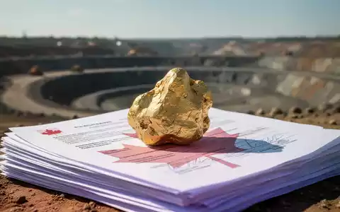 Ein goldener Nugget auf einem Stapel Dokumente mit einem verschwommenen Tagebau im Hintergrund, der Bundesgenehmigung für Springpole symbolisiert. - Foto: über boerse-global.de