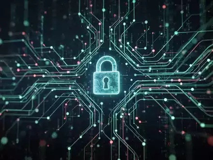 Abstrakte Darstellung von digitalen Datenflüssen und Netzwerken, mit einem integrierten Vorhängeschloss-Symbol, das Cybersicherheit und Compliance darstellt. - Foto: über boerse-global.de