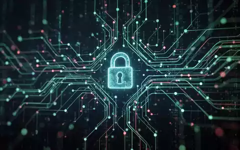 Abstrakte Darstellung von digitalen Datenflüssen und Netzwerken, mit einem integrierten Vorhängeschloss-Symbol, das Cybersicherheit und Compliance darstellt. - Foto: über boerse-global.de
