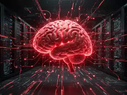 Glühendes rotes neuronales Netzwerk, das KI symbolisiert, verbunden mit Servern und Datenströmen, die autonome Cyberangriffe darstellen. - Foto: über boerse-global.de
