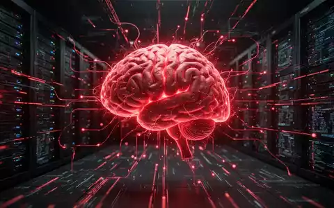Glühendes rotes neuronales Netzwerk, das KI symbolisiert, verbunden mit Servern und Datenströmen, die autonome Cyberangriffe darstellen. - Foto: über boerse-global.de