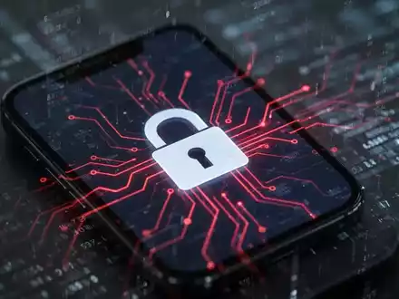 Nahaufnahme eines Smartphone-Bildschirms mit einem digitalen Vorhängeschloss-Symbol und roten Schaltkreislinien, umgeben von abstrakten Datenmustern. - Foto: über boerse-global.de