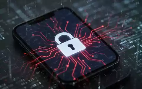 Nahaufnahme eines Smartphone-Bildschirms mit einem digitalen Vorhängeschloss-Symbol und roten Schaltkreislinien, umgeben von abstrakten Datenmustern. - Foto: über boerse-global.de