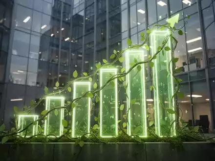 Eine stilisierte, leuchtende Balkengrafik mit finanziellen Wachstumskurven, die von grünen Blättern und Ranken umhüllt wird, vor der Fassade eines modernen Bürogebäudes. - Foto: über boerse-global.de