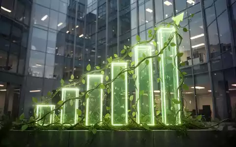 Eine stilisierte, leuchtende Balkengrafik mit finanziellen Wachstumskurven, die von grĂŒnen BlĂ€ttern und Ranken umhĂŒllt wird, vor der Fassade eines modernen BĂŒrogebĂ€udes. - Foto: ĂŒber boerse-global.de