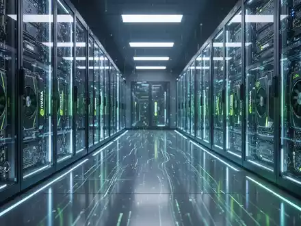 Futuristischer Serverraum mit blauen und grünen Leuchten, Reihen leistungsstarker NVIDIA-GPU-Chips, Symbol für KI-Rechenleistung. - Foto: über boerse-global.de