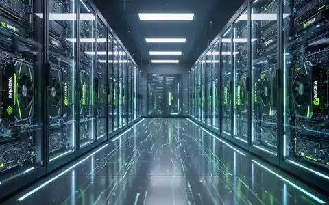 Futuristischer Serverraum mit blauen und grünen Leuchten, Reihen leistungsstarker NVIDIA-GPU-Chips, Symbol für KI-Rechenleistung. - Foto: über boerse-global.de