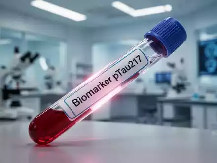 Nahaufnahme eines Blutprobenröhrchens mit der Aufschrift âBiomarker pTau217â in einem medizinischen Labor. - Foto: ĂŒber boerse-global.de