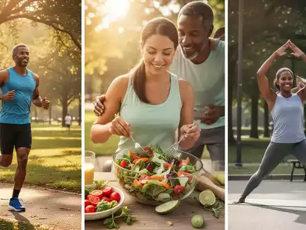 Eine Gruppe von Menschen, die gesunde Aktivitäten ausüben, wie Joggen, Salatzubereitung und Dehnübungen, in einer sonnigen Umgebung. - Foto: über boerse-global.de