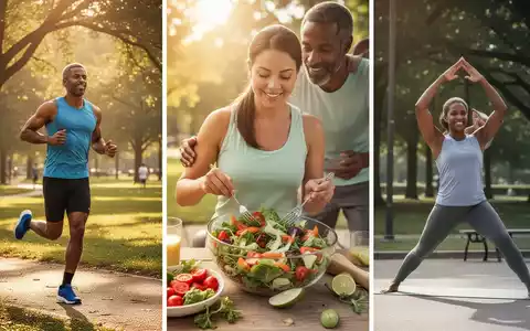 Eine Gruppe von Menschen, die gesunde Aktivitäten ausüben, wie Joggen, Salatzubereitung und Dehnübungen, in einer sonnigen Umgebung. - Foto: über boerse-global.de