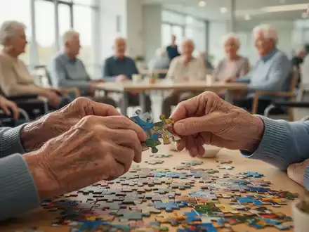 Hände einer älteren Person, die ein komplexes Puzzle lösen, im Hintergrund verschwommene Senioren in einem Gemeinschaftszentrum. - Foto: über boerse-global.de