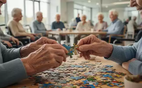 Hände einer älteren Person, die ein komplexes Puzzle lösen, im Hintergrund verschwommene Senioren in einem Gemeinschaftszentrum. - Foto: über boerse-global.de