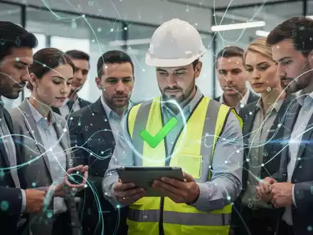 Mitarbeiter in einem modernen Büro, einer mit Schutzhelm und Warnweste, betrachten ein Tablet mit einem grünen Häkchen-Symbol. - Foto: über boerse-global.de