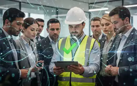Mitarbeiter in einem modernen Büro, einer mit Schutzhelm und Warnweste, betrachten ein Tablet mit einem grünen Häkchen-Symbol. - Foto: über boerse-global.de