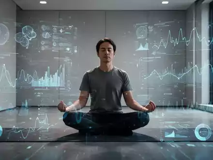 Eine Person meditiert ruhig in einem modernen Raum, umgeben von subtilen, digitalen Anzeigen und Grafiken, die Gesundheitsdaten darstellen. - Foto: über boerse-global.de
