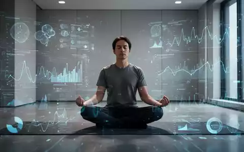 Eine Person meditiert ruhig in einem modernen Raum, umgeben von subtilen, digitalen Anzeigen und Grafiken, die Gesundheitsdaten darstellen. - Foto: ĂŒber boerse-global.de