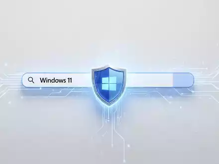 Minimalistische, leuchtend blaue Windows 11-Suchleiste mit digitalem Privatsphäre-Schild, Symbol für optimierte Suche und Nutzerkontrolle. - Foto: über boerse-global.de