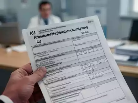 Eine Hand hält eine deutsche Arbeitsunfähigkeitsbescheinigung (AU) mit einem unscharfen Hintergrund eines Arztbüros. - Foto: über boerse-global.de