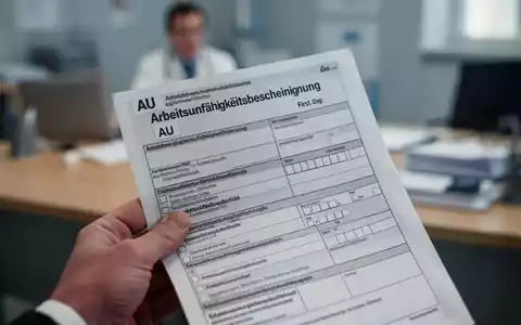 Eine Hand hält eine deutsche Arbeitsunfähigkeitsbescheinigung (AU) mit einem unscharfen Hintergrund eines Arztbüros. - Foto: über boerse-global.de