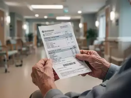 Ältere Hände halten eine Rechnung oder einen Kontoauszug, mit einem verschwommenen Hintergrund eines modernen Pflegeheims. - Foto: über boerse-global.de