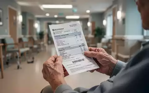 Ältere Hände halten eine Rechnung oder einen Kontoauszug, mit einem verschwommenen Hintergrund eines modernen Pflegeheims. - Foto: über boerse-global.de