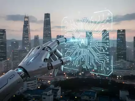 Eine humanoide Roboterhand interagiert mit einer holografischen Leiterplatte, die KI, Robotik und Halbleiterinnovation in Südkorea symbolisiert. - Foto: über boerse-global.de