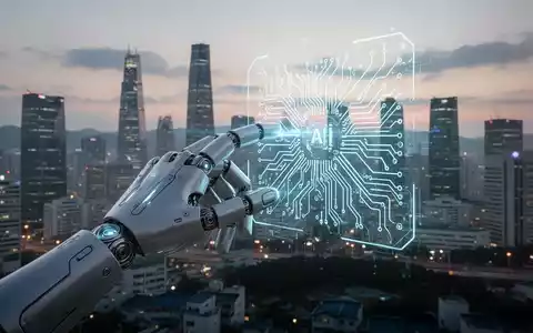 Eine humanoide Roboterhand interagiert mit einer holografischen Leiterplatte, die KI, Robotik und Halbleiterinnovation in Südkorea symbolisiert. - Foto: über boerse-global.de
