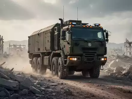 Ein autonomer schwerer Militär-Logistik-Lkw fährt durch eine herausfordernde, kriegszerstörte Umgebung. - Foto: über boerse-global.de