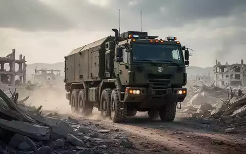 Ein autonomer schwerer Militär-Logistik-Lkw fährt durch eine herausfordernde, kriegszerstörte Umgebung. - Foto: über boerse-global.de