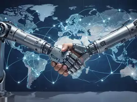 Ein Roboterarm schüttelt eine menschliche Hand, dahinter eine leuchtende Weltkarte. Symbolisiert globale Zusammenarbeit in der Robotik. - Foto: über boerse-global.de